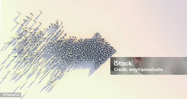 Leadership And Successful Business Ideas Concept 3d Rendering Of Crowd 3d Low Polygon People Arrow Shape Form Walk Together On White Floor Color Tone Image Stock Photo - Download Image Now