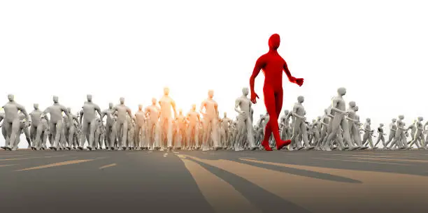 Photo of leadership ideas concept 3d ilustration rendering red man lead success way to crowd people outstanding from normal group people on white background