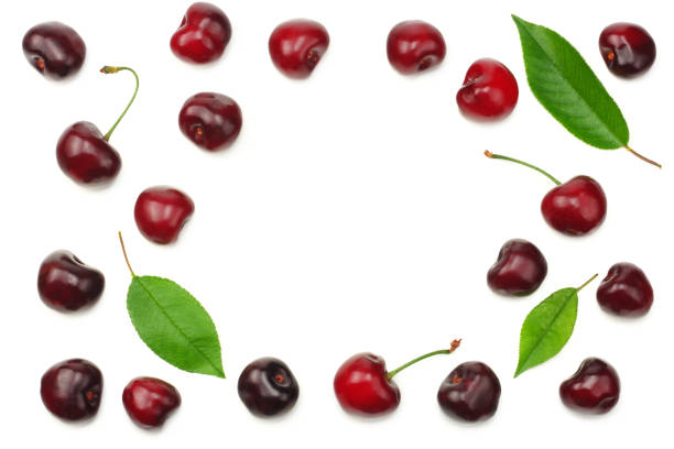 istock cherry with green leaf isolated on white background. Top view 1214656362
