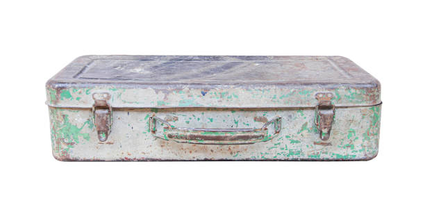istock Vintage closed steel chest with rusty lock in square shape isolated on white background and clipping path 1214656726