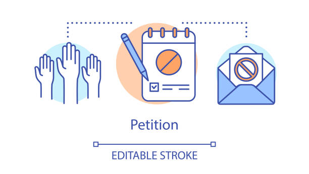 Petition concept icon. Signature collection, public opinion demonstration idea thin line illustration. Raised hands, notepad with pencil and envelope vector isolated outline drawing. Editable stroke Petition concept icon. Signature collection, public opinion demonstration idea thin line illustration. Raised hands, notepad with pencil and envelope vector isolated outline drawing. Editable stroke petition stock illustrations