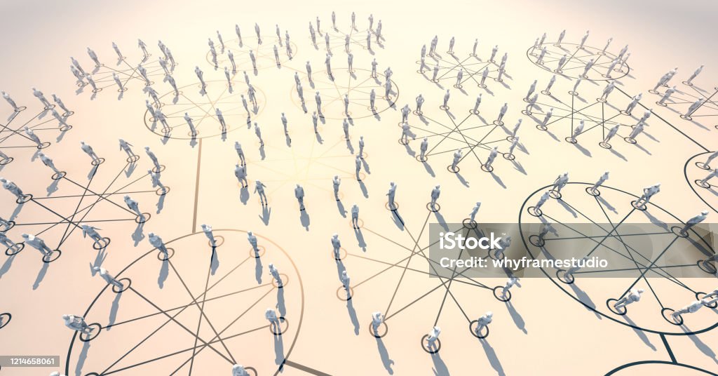 3D illustration crowd people form into group of social communication connecting with line together white floor Role Model Stock Photo