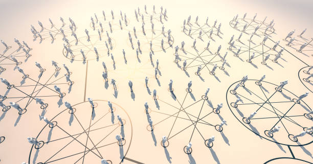 3d illustration crowd people form into group of social communication connecting with line together white floor - surrounding leadership organization meeting imagens e fotografias de stock