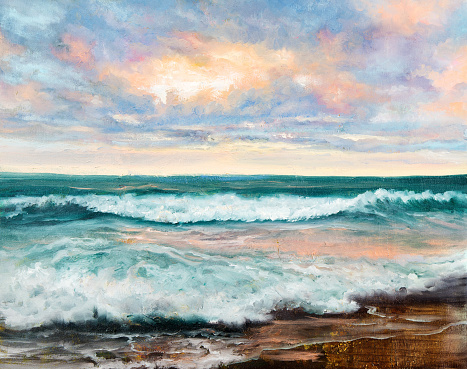 Original  oil painting of beautiful sunset over ocean beach on canvas.Modern Impressionism, modernism,marinism