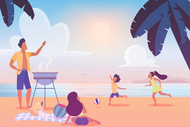 szczęśliwa rodzina korzystających z imprezy przy grillu na plaży. - couple dinner summer sunlight stock illustrations