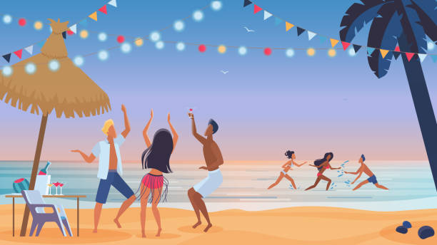 ilustrações de stock, clip art, desenhos animados e ícones de young people friends dancing on the beach cartoon vector illustration. young men and women, boys and girls dancing at sunset evening beach party and have fun in ocean water. - bar women silhouette child