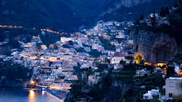 A spring evening falls upon the beautiful city of Positano, Amalfi coast, Italy.