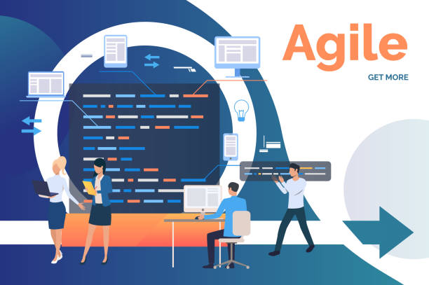 Business professional working on project. Scrum meeting Business professional working on project. Scrum meeting, agile management, process. Business concept. illustration can be used for presentation slides, landing pages, posters scrum stock illustrations