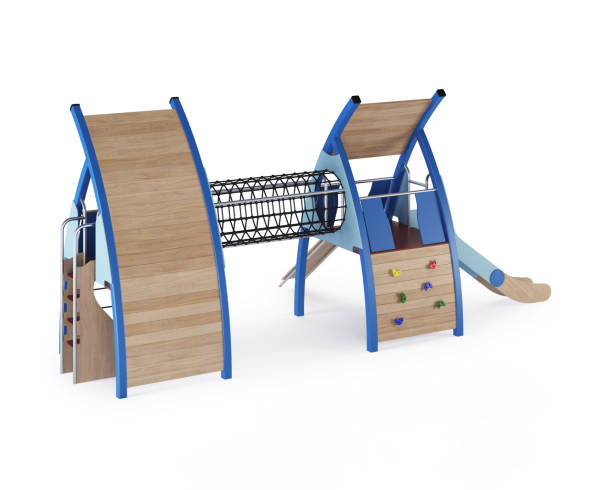 istock Modern children's game complex on a white background. Gaming equipment with a slide, stairs and towers for placement in the courtyards. Close-up. Clipping path included. 3D rendering. 1214665505