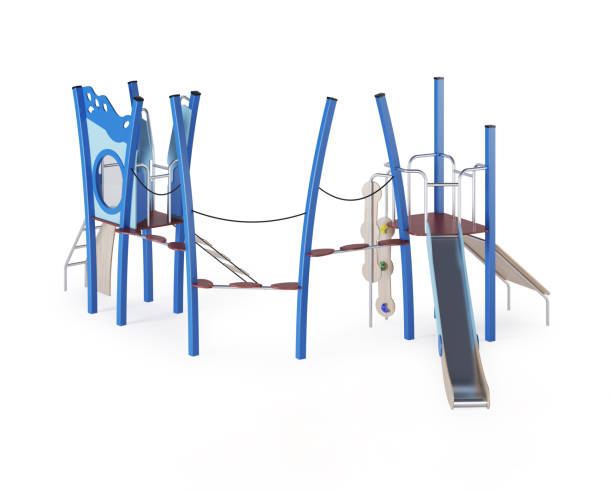 istock Modern children's game complex on a white background. Gaming equipment with a slide, stairs and towers for placement in the courtyards. Close-up. Clipping path included. 3D rendering. 1214665688