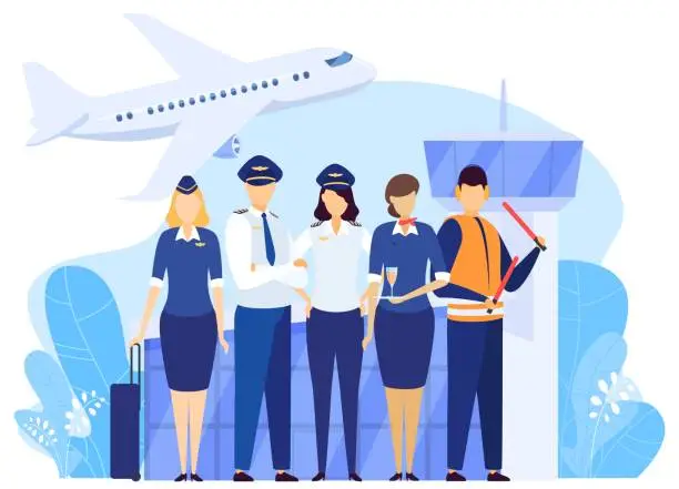 Vector illustration of Airport crew standing together, professional airline team in uniform, people vector illustration