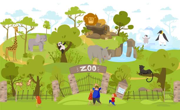 glückliche familie geht in den zoo, exotische tiere zeichentrickfiguren, menschen vektor-illustration - vector nature cheerful son stock-grafiken, -clipart, -cartoons und -symbole