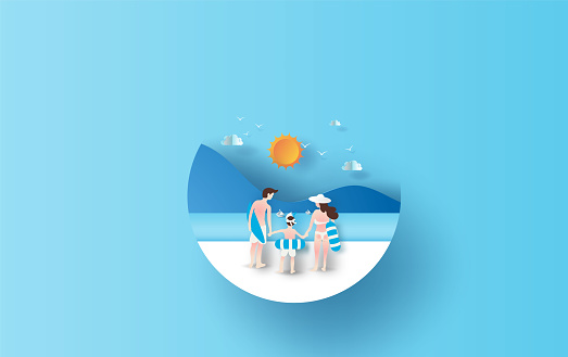 illustration of Rear view Young family having Happy fun on the beach.People diving in rubber swim ring. Colorful pastel simple. Summertime on sea view paper cut and craft concept.Circle idea.vector