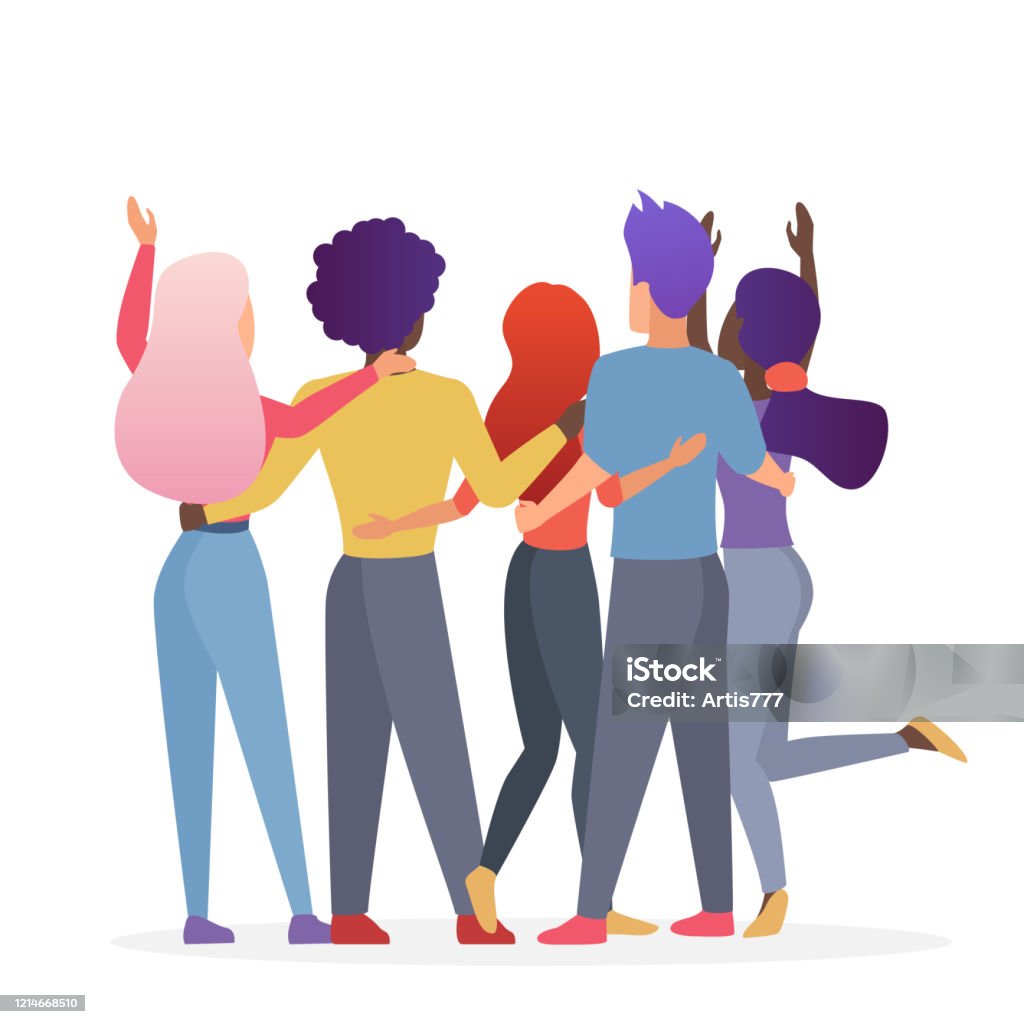 Diverse Friend Group Of People Hugging Together Back View Of ...