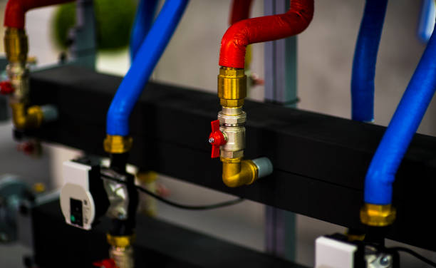 istock Heating system's cooper pipes with ball valves 1214669345