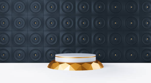 istock 3d rendering of white gold pedestal on white background 1214670368