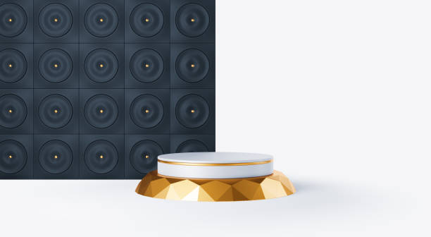 istock 3d rendering of white gold pedestal on white background 1214670420