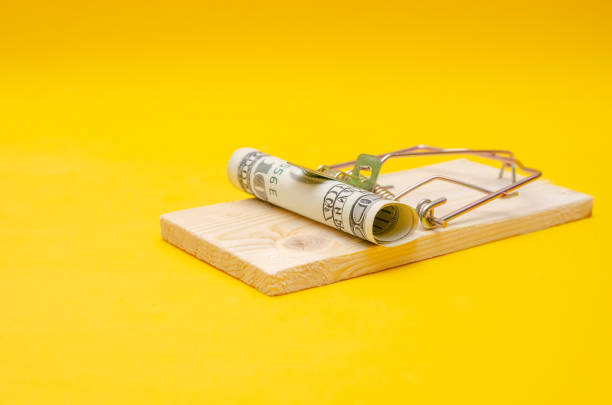 istock Dollars in a mousetrap with a hundred dollar bill on a yellow background with a copy space 1214670746