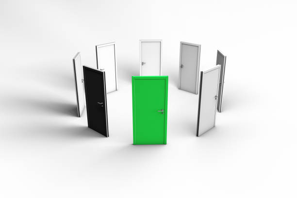 3d rendering, standing out concept, front perspective view of open door, isolated on white background.