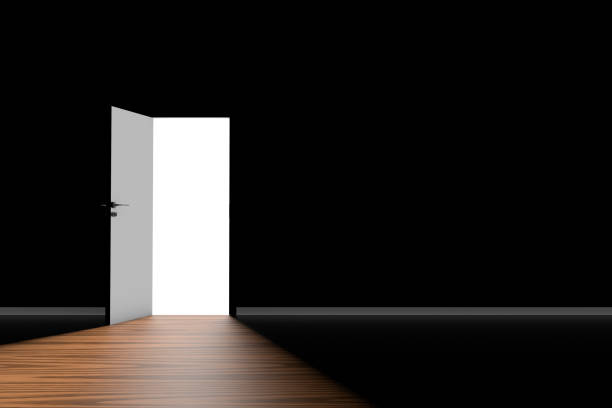 istock 3D Rendering Door in Dark Room with White Outside 1214671693