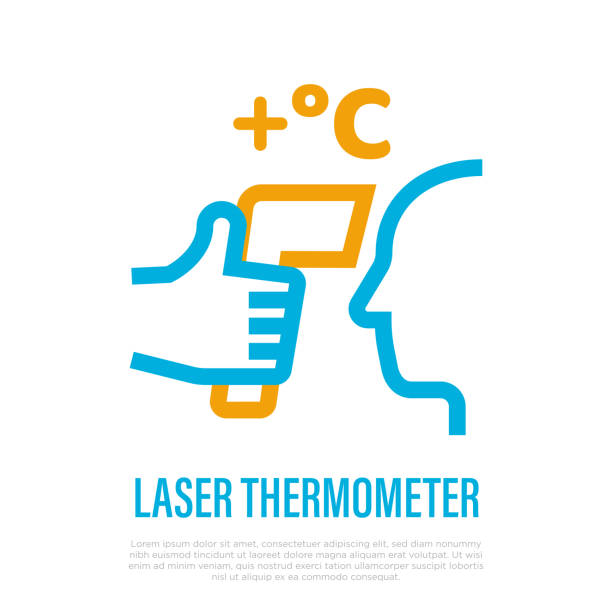 illustrations, cliparts, dessins animés et icônes de thermomètre laser pour la fièvre de détection. icône de ligne mince. thermomètre de fixation de main près du visage humain. scan pour le symptôme du coronavirus. matériel médical et de soins de santé. illustration de vecteur. - contamination meter