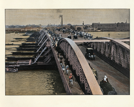 Antique colourised photograph of Bridge over the Hooghly River, Calcutta. 19th Century