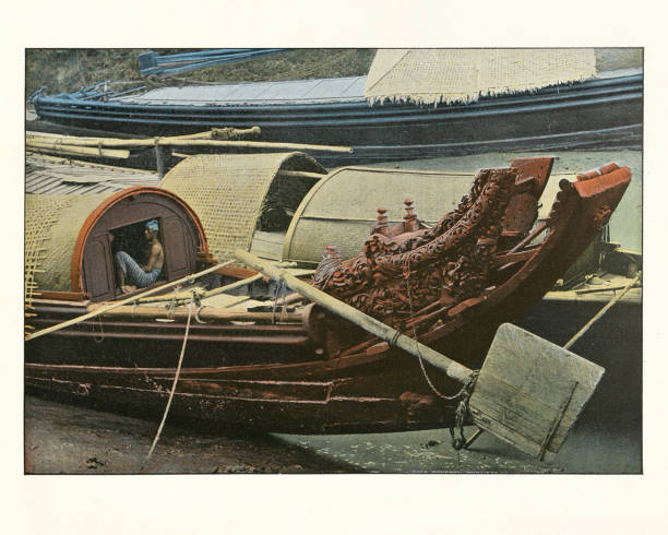 Antique colourised photograph of the Burmese war boat, Rangoon, Burma. 19th Century.