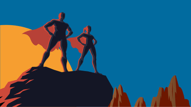 Vector Retro Superhero Couple Stock Illustration A retro style vector illustration of a couple of superheroes standing on top of a cliff with sun and mountains in the background. Wide space available foe your copy. group mountain silhouette stock illustrations