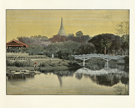 Antique colourised photograph of Public park, garden, Rangoon, Burma. 19th Century.
