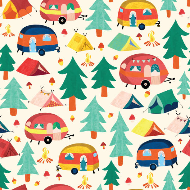 Camper vans and camping tents between forest trees seamless vector pattern. Cute vintage style campground scene repeating background. Use for fabric, wallpaper, kids decor. Camper vans and camping tents between forest trees seamless vector pattern. Cute vintage style campground scene repeating background. Use for fabric, wallpaper, kids decor camping patterns stock illustrations