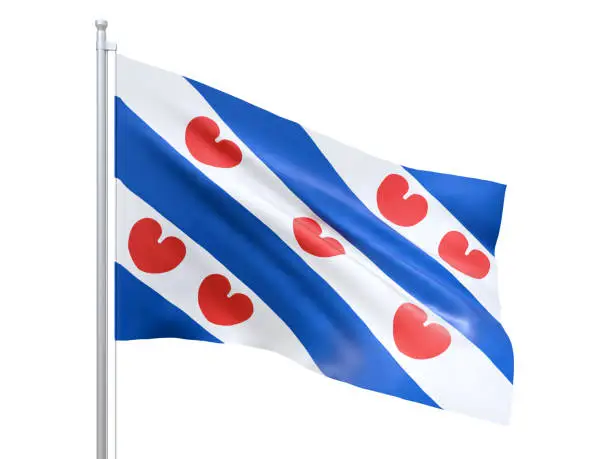 Photo of Frisian (province of the Netherlands) flag waving on white background, close up, isolated. 3D render