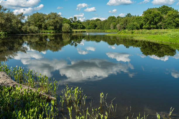 istock Beautiful looking lake with the clouds reflecting in the water 1214675623
