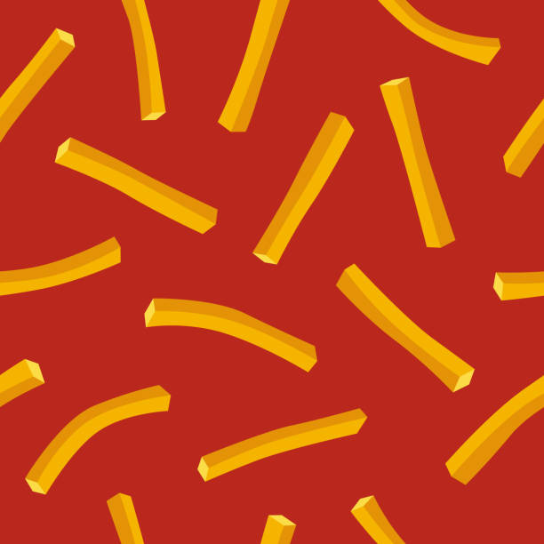 illustrations, cliparts, dessins animés et icônes de français frites fast food modèle sans couture sur le fond rouge. pailles de pomme de terre frites vectoriellent l’illustration plate - frites