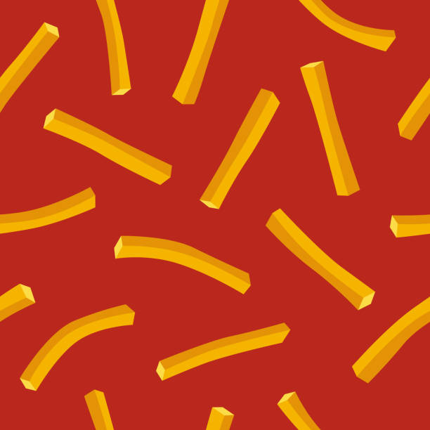 ilustrações, clipart, desenhos animados e ícones de batatas fritas padrão de fast food em fundo vermelho. ilustração plana de palhas de batata frita - gold potato