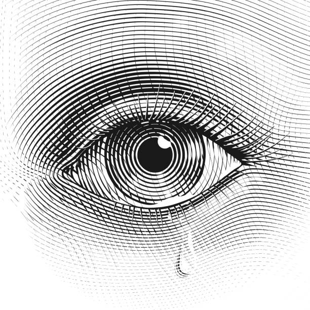Sad woman eye with tears in engraved style Sad woman eye with tears in engraved style. RGB. One global color teardrop stock illustrations