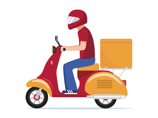 illustrations, cliparts, dessins animés et icônes de homme de livraison de nourriture conduisant un scooter - pizza pizza box cartoon take out food