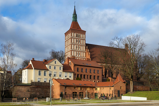 Beautiful view of the roman catholic Cathedral of St. Jakub (Jacob) in the Polish city of Olsztyn. The church building was built in the Gothic style in the second half of the XIV century.