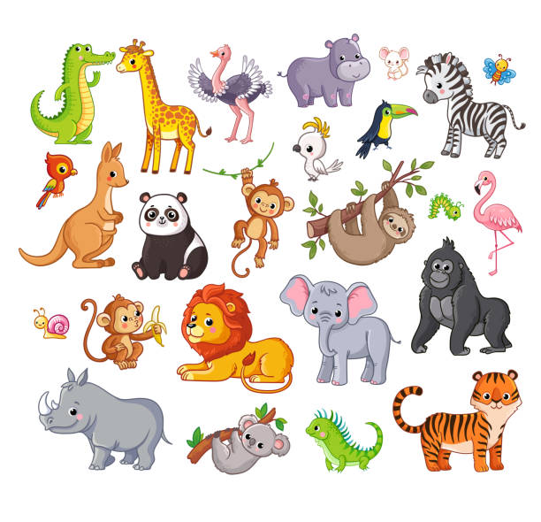 große vektor-set mit tieren im cartoon-stil. vektorsammlung mit säugetieren - cartoon monkey animal tree stock-grafiken, -clipart, -cartoons und -symbole