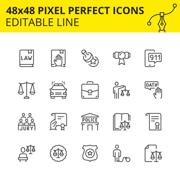 Simple Icons Icons Law and Police Simple Set Icons Law and Judge. Includes Oath, Jury, Prisoner, Police Badge etc. Pixel Perfect 48x48, Editable Set. Vector. police interview stock illustrations