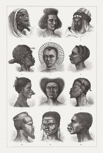 ilustraciones, imágenes clip art, dibujos animados e iconos de stock de pueblos indígenas de africa, grabados en madera, publicados en 1893 - khoikhoi woman