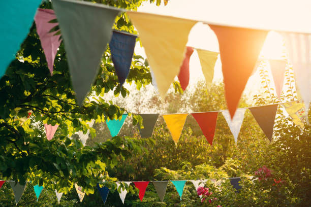 Colorful pennants at a festival Colorful pennants at a festival fete stock pictures, royalty-free photos & images