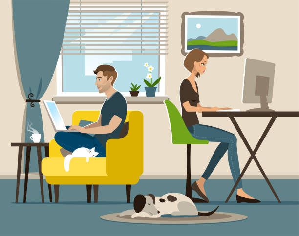 illustrations, cliparts, dessins animés et icônes de bureau à domicile - working at home women house computer