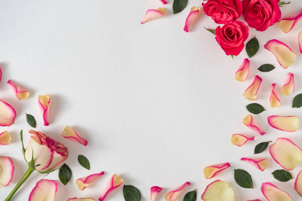 istock Creative layout made with rose petals and leaves. 1214687224