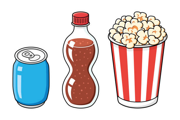 popcorn wiadro i napoje gazowane puszka i butelka - drink bottle soda bucket stock illustrations