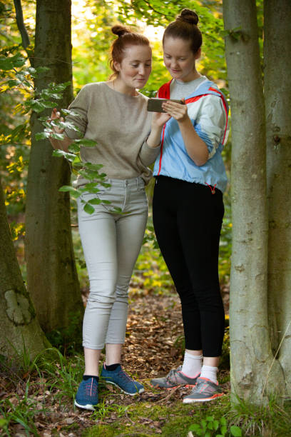 istock Two girls in forest tree setting, checking social media on their smartphone 1214687394