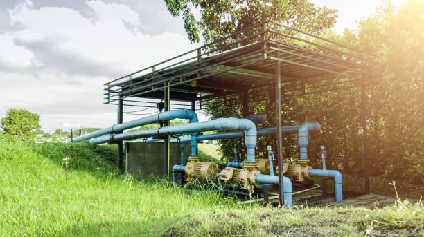istock Water pump station and pipeline for the village 1214687797