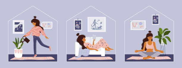 Set of vector illustration with stay home concept Stay home concept. Girl takes care for houseplants, reading book, doing yoga. Cozy modern scandinavian interior. Self isolation, quarantine due to coronavirus. Set of illustration of  home activities staycation stock illustrations