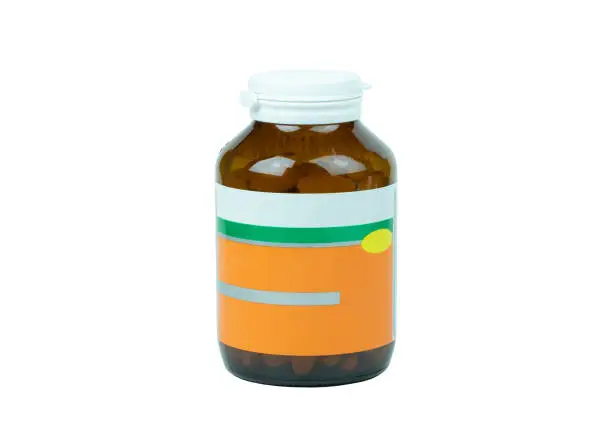 vitamin-c medicine bottle high antioxidant protect covid-19 flu contagious disease health care on white background clipping path