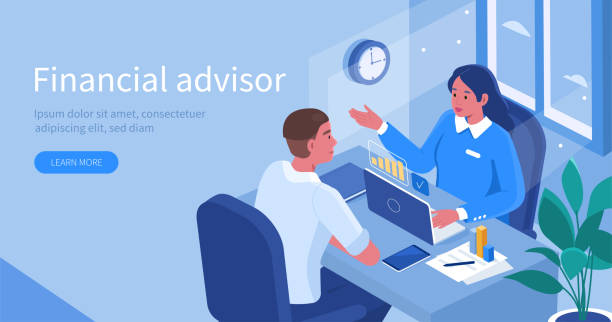 financial advisor Financial Advisor Sitting at Office Desk and Talking with Client. Man Meeting Lawyer for Advice. Woman Business Consultant Analyzing Financial Report. Flat Isometric Vector Illustration. financial advisor illustrations stock illustrations