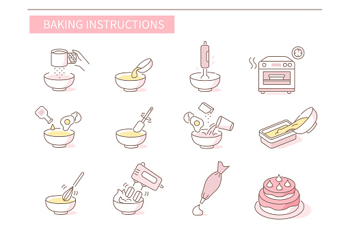 Instruction How to Prepare and Cook Dough and Cream for Pastry. Baking Ingredients and Food Preparation Symbols. Flour Dough, Cake and Biscuit Recipe. Flat Vector Illustration and Icons set.